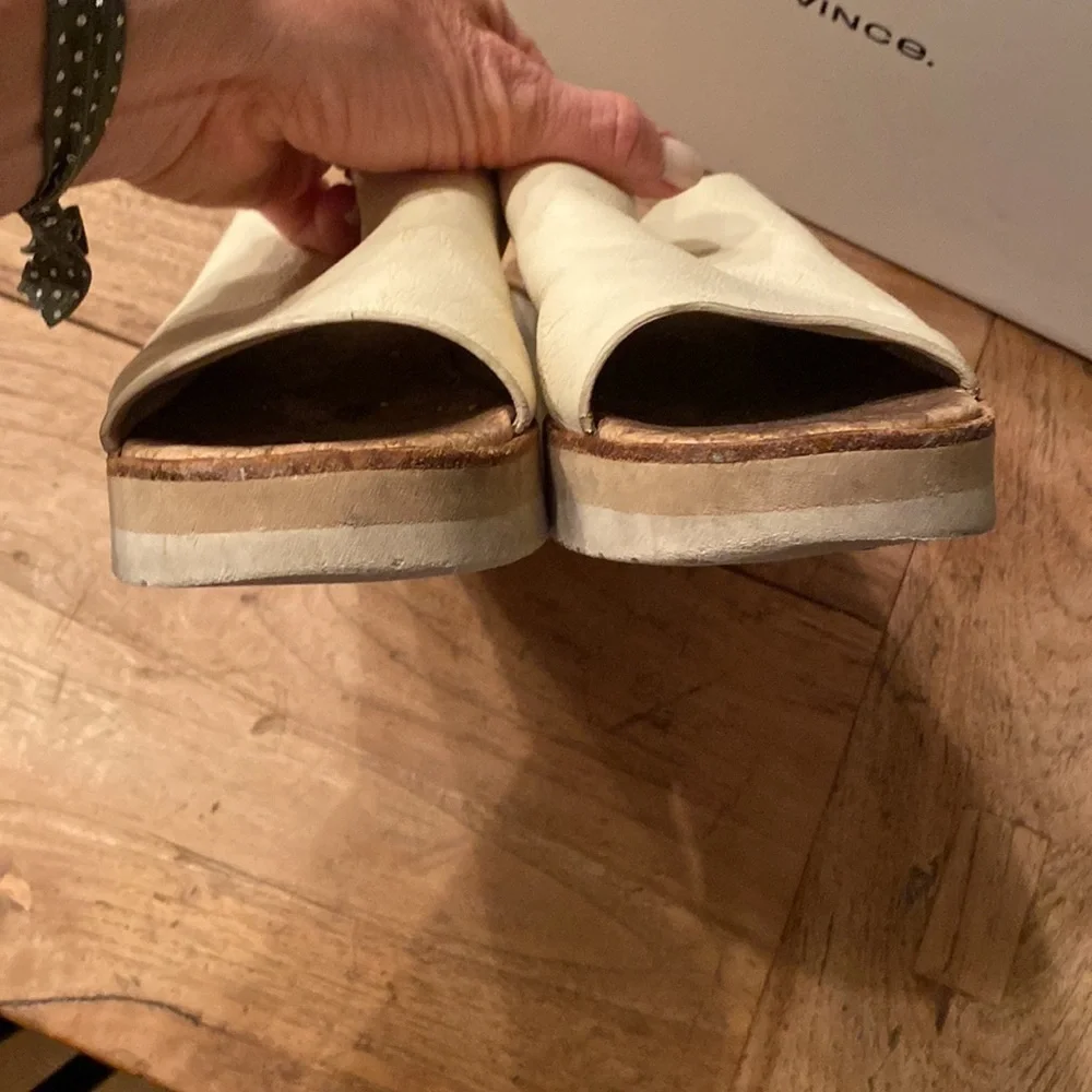 Preloved Vince Sarria Genuine Leather Wedge Mules 9.5 Sandstone Cream with box - Picture 9 of 11